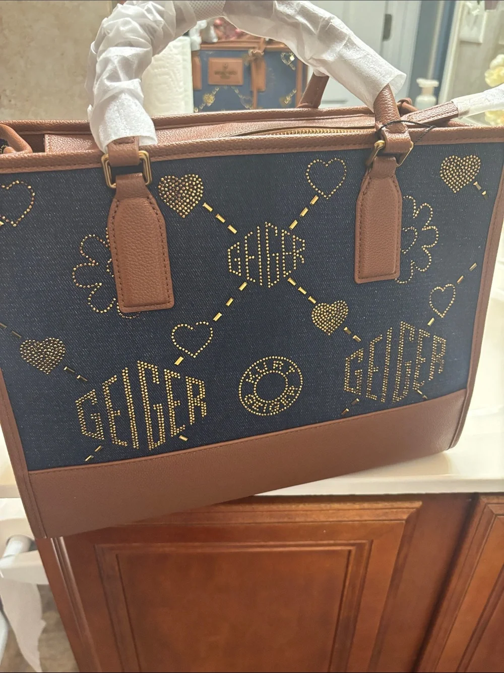 Kurt Geiger Navy Denim-Style Satchel with Tan Trim and Gold Studs